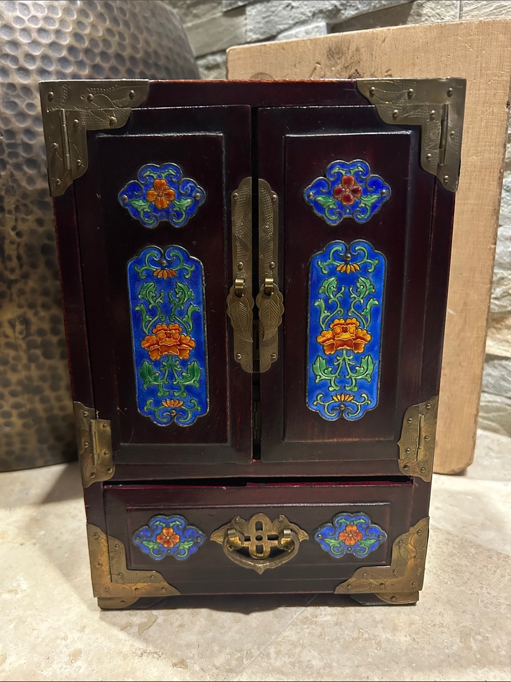 Vintage Ornate Wood Jewelry Cabinet with Cloisonné-Style Panels